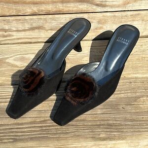 Stuart Weitzman Black Pointed Mules with Brown Fur Rosette